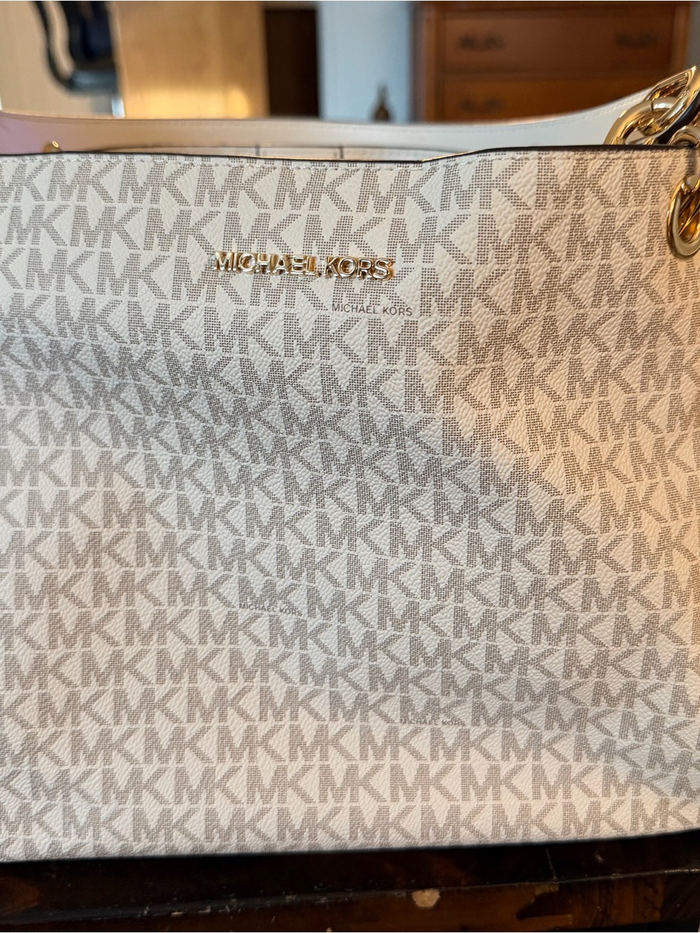 Michael Kors White and Gold MK Signature Shoulder Bag
